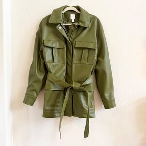 HM Womens Olive Green Faux Leather Belted Oversized Utility Jacket Large